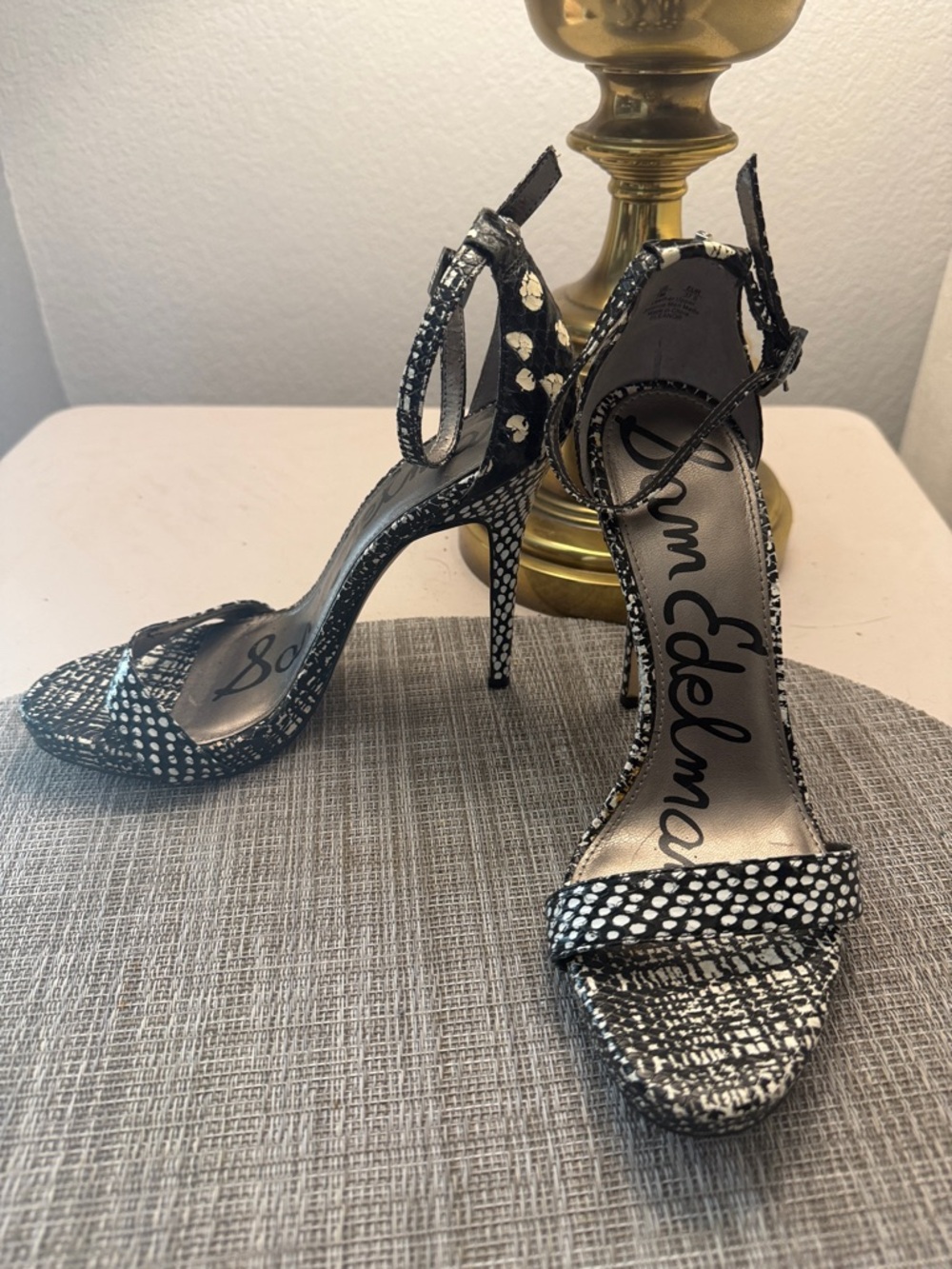 Sam Edelman Black and White Dotted Ankle-Strap Stiletto Heels